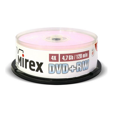 Диск DVD+RW 4,7Gb 4x Mirex (25 штук cake box) UL130022A4М