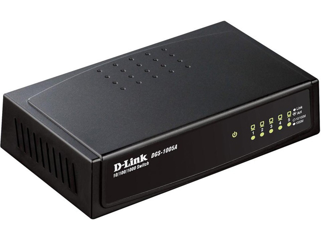 Коммутатор  5TP D-Link DGS-1005A Тип неуправляемый, интерфейсы 5 портов 10/100/1000Мбит/с, коммутационная матрица 10Гбит/с, материал корпуса пластик, блок питания внешний
