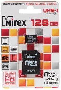 Карта памяти Micro-SD 128Gb Class 10, MIREX UHS-I, U1 с адвптером