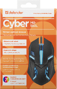 Мышь проводная Defender Сyber MB-560L  черный, 7цветов подсветки ,3кнопки,1200dpi, длина кабеля 1.5 м
