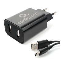 Зарядное устройство сетевое 2хUSB 2.4A Cablexpert MP3A-PC-37 черный + кабель 1м Type-C