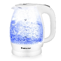 Чайник BRAYER 1013BR-WH Цвет белый, объем 1.8л, мощность 2200Вт, тип нагревательного элемента закрытая спираль, автоматическое отключение при отсутствии воды, подсветка, материал корпуса термостойкое стекло