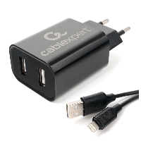 Зарядное устройство сетевое 2хUSB 2.4A Cablexpert MP3A-PC-36 черный + кабель 1м lightning